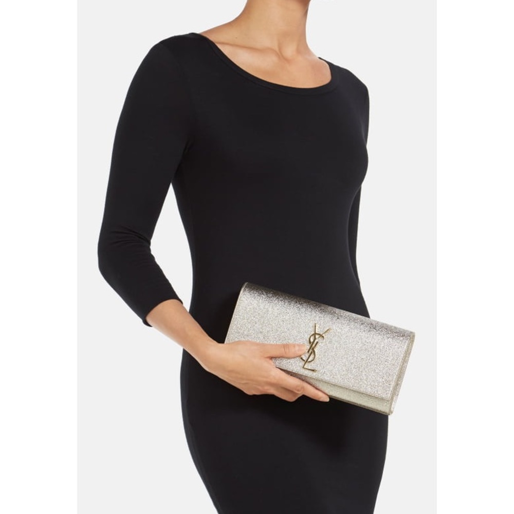 YSL Saint Laurent Cassandre Leather Clutch Silver